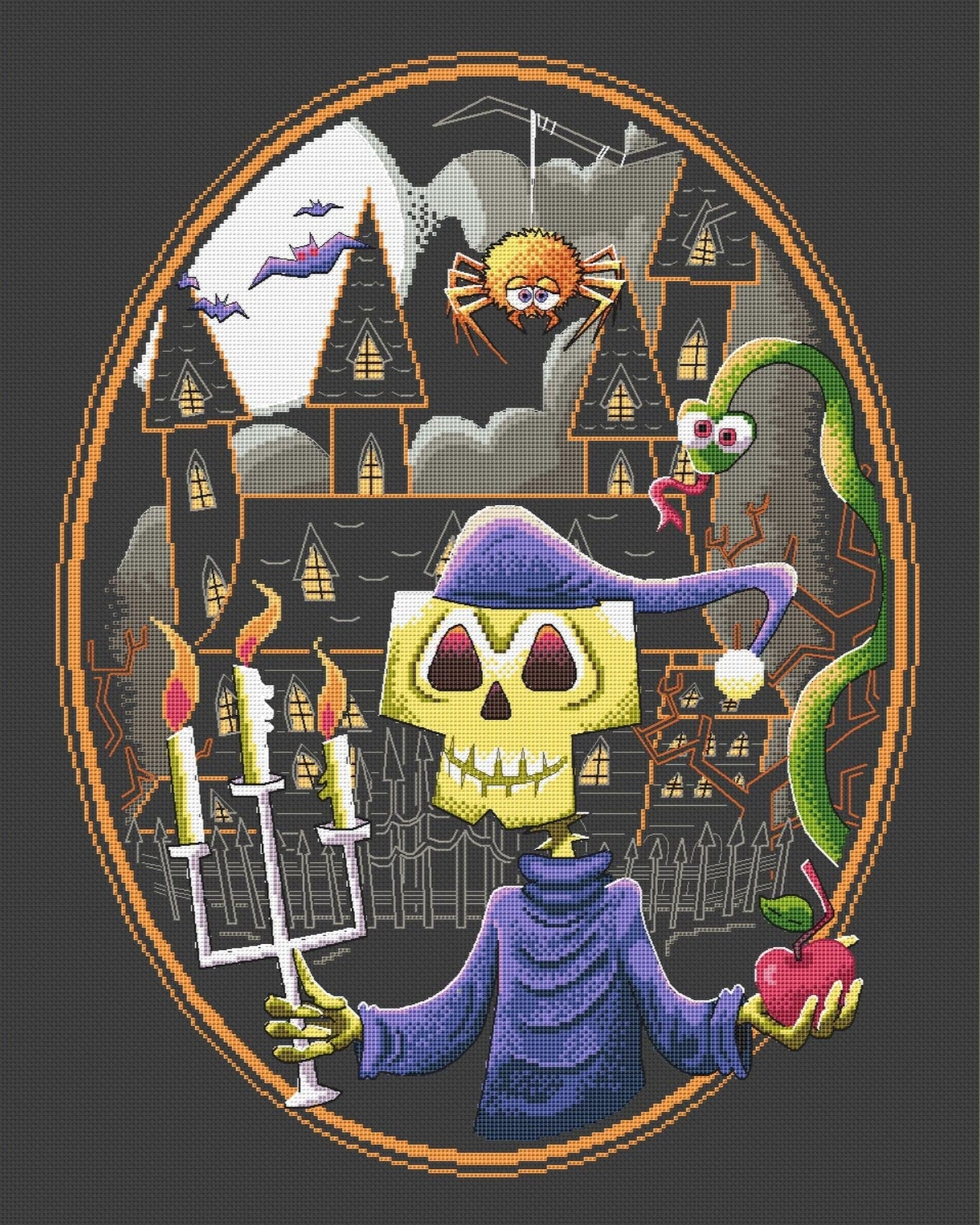The Apple Halloween Tote Bag Large cross stitch design. Instant PDF digital download. 062