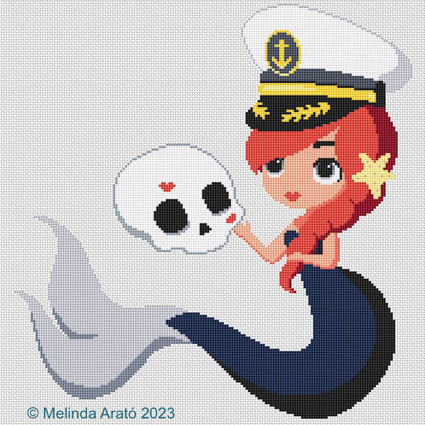 Cute Mermaid with skull cross stitch design 075